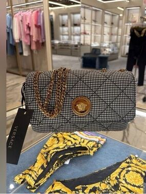 NWT $2000 Versace Black & White Houndstooth Fabric Shoulder Bag with Gold Chain